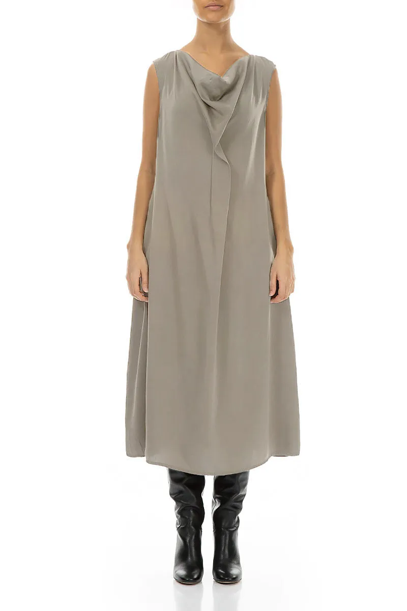 Drape Neck Sleeveless Silver Sage Silk Dress