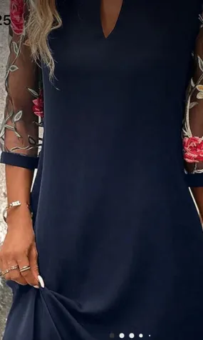 Dresses- Navy Midi Dress w/ Floral Mesh Sleeves