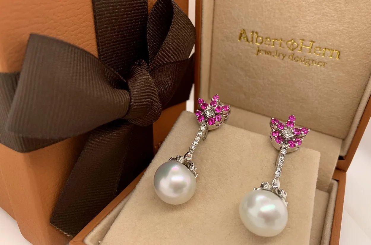 Earrings Pink Sapphires & Diamonds with South Sea Pearls