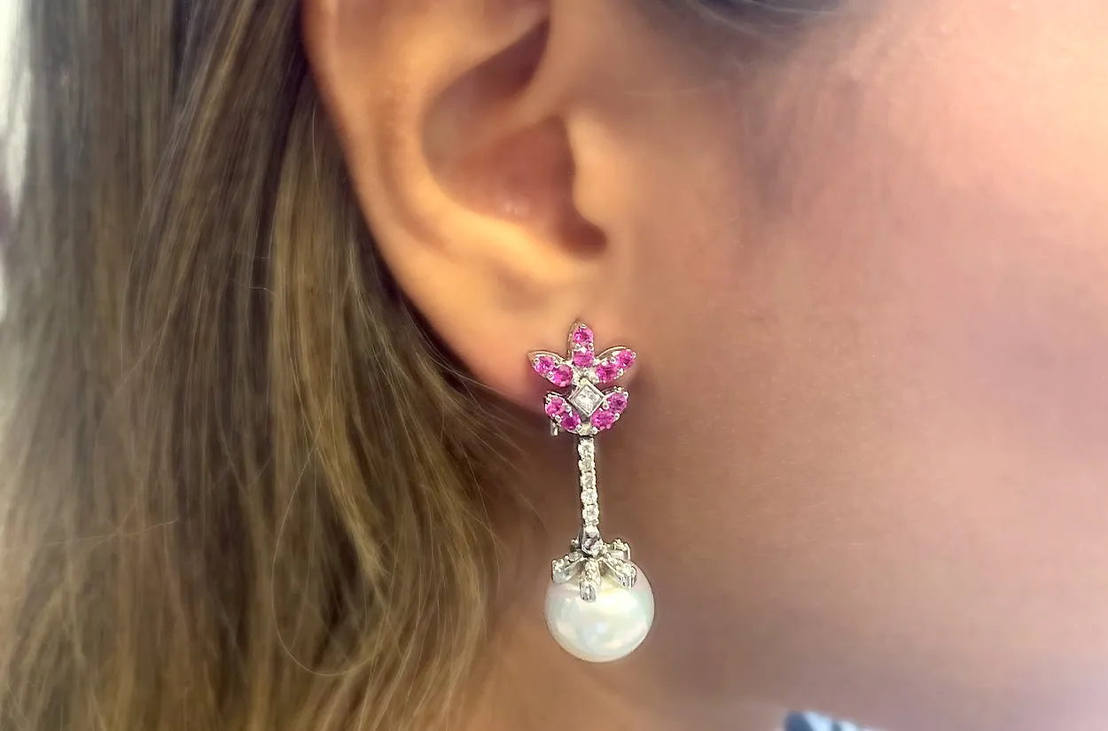 Earrings Pink Sapphires & Diamonds with South Sea Pearls