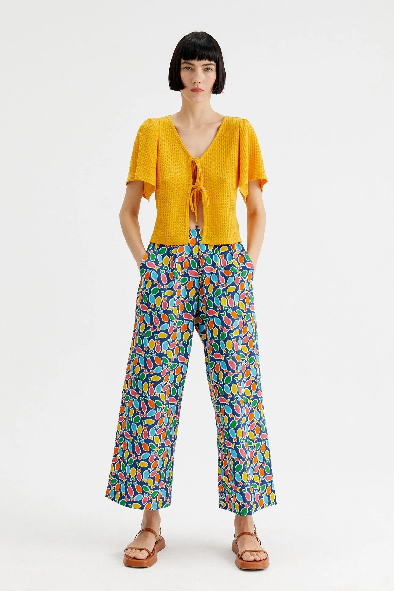 Fish Print Wide-Leg Cropped Trousers