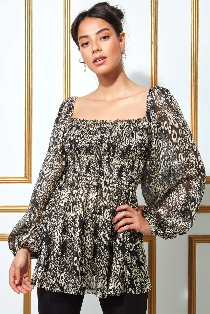 FOIL PRINT SHIRRED BODY LONG TOP WITH SLEEVES