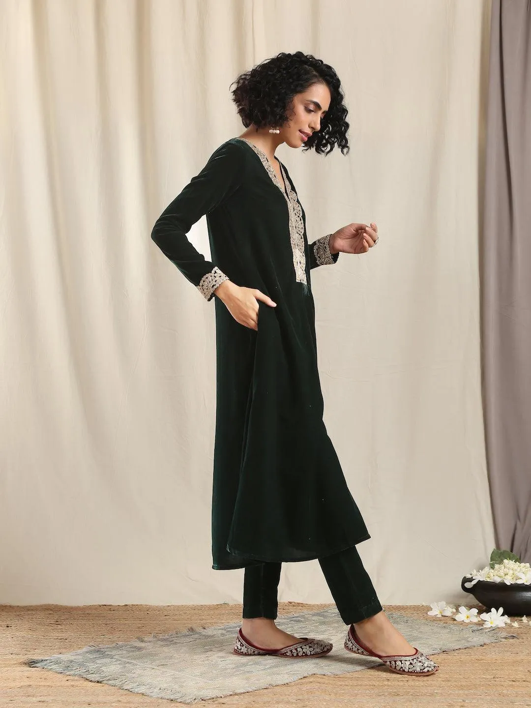 Green Velvet Flared Gota Kurta