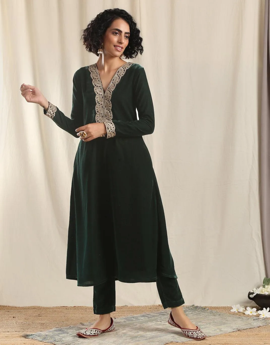 Green Velvet Flared Gota Kurta