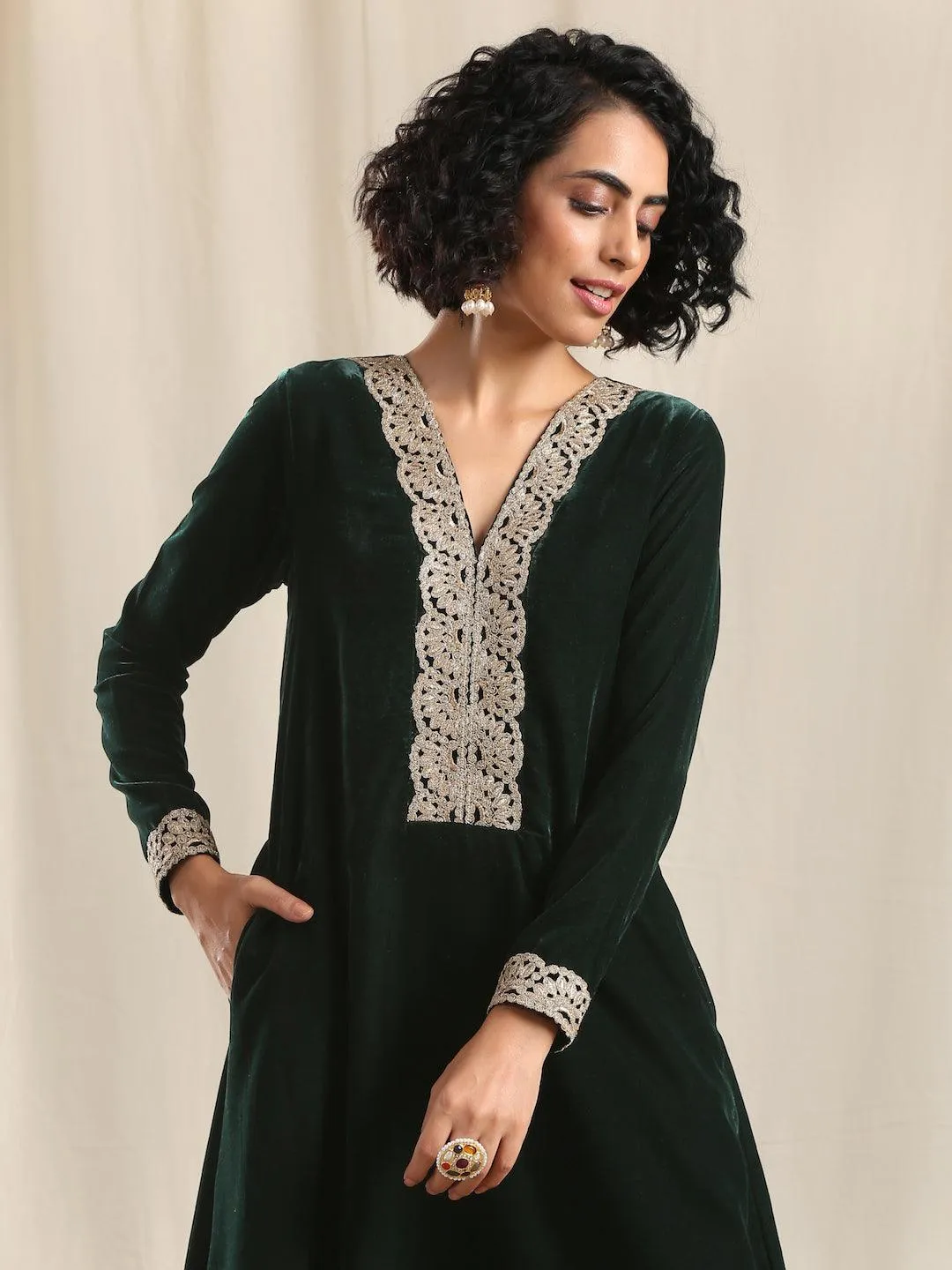 Green Velvet Flared Gota Kurta