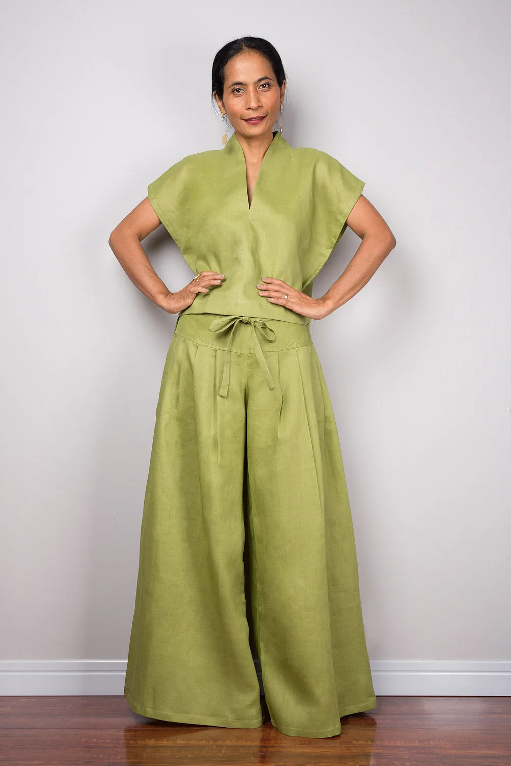 Handmade green linen long wide leg palazzo pants. Olive green high waist women's summer pants