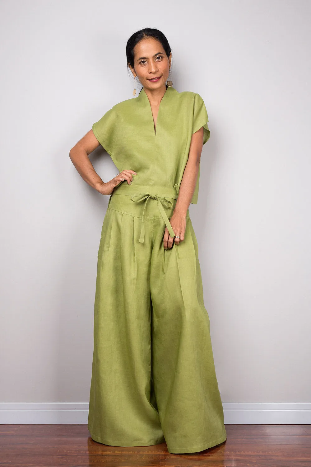 Handmade green linen long wide leg palazzo pants. Olive green high waist women's summer pants