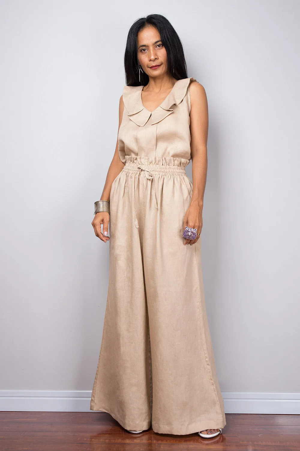 Handmade natural linen long wide leg palazzo pants with pockets. Beige high waist women's summer pants