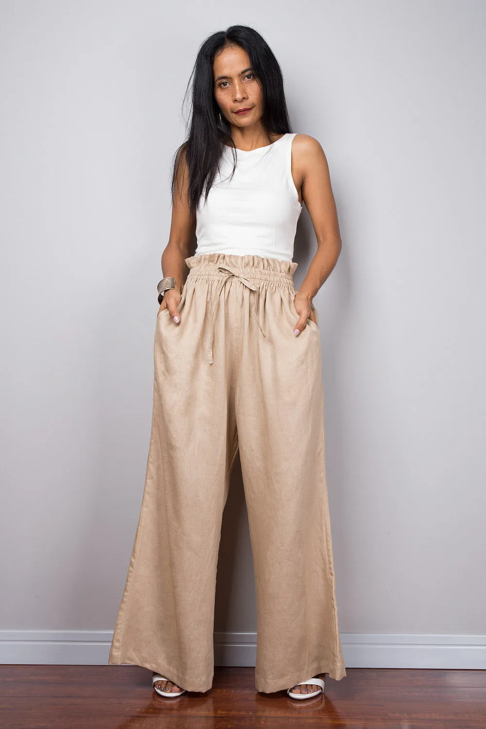 Handmade natural linen long wide leg palazzo pants with pockets. Beige high waist women's summer pants