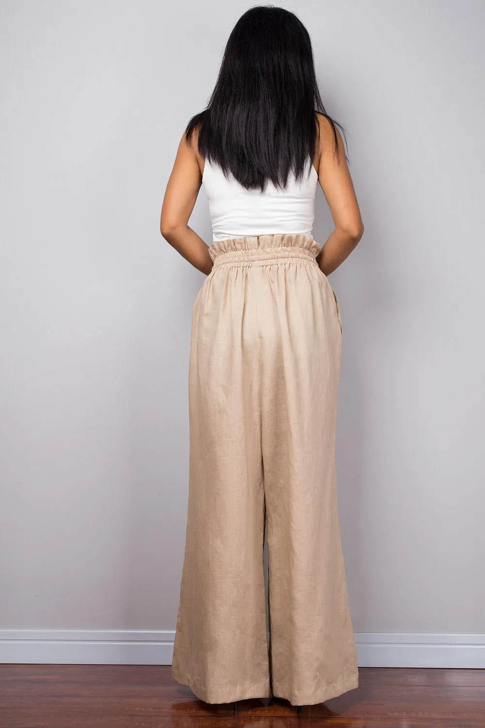 Handmade natural linen long wide leg palazzo pants with pockets. Beige high waist women's summer pants