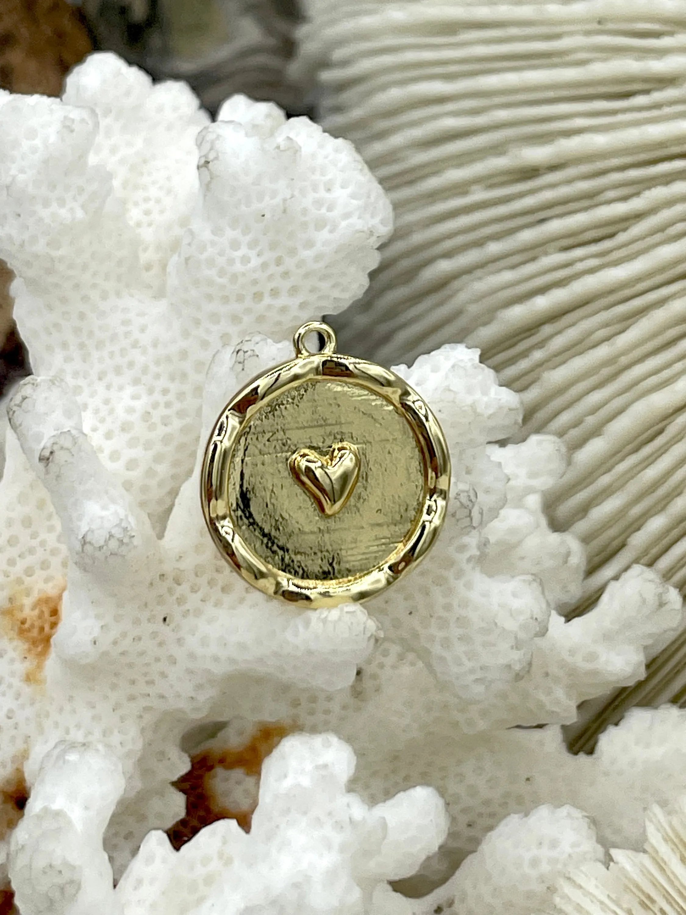 High Quality Brass Heart Charm, Gold or Silver Heart Pendant, Small Heart Charm, Heart Embossment Brass Pendant, 16.5mm round, Fast Ship