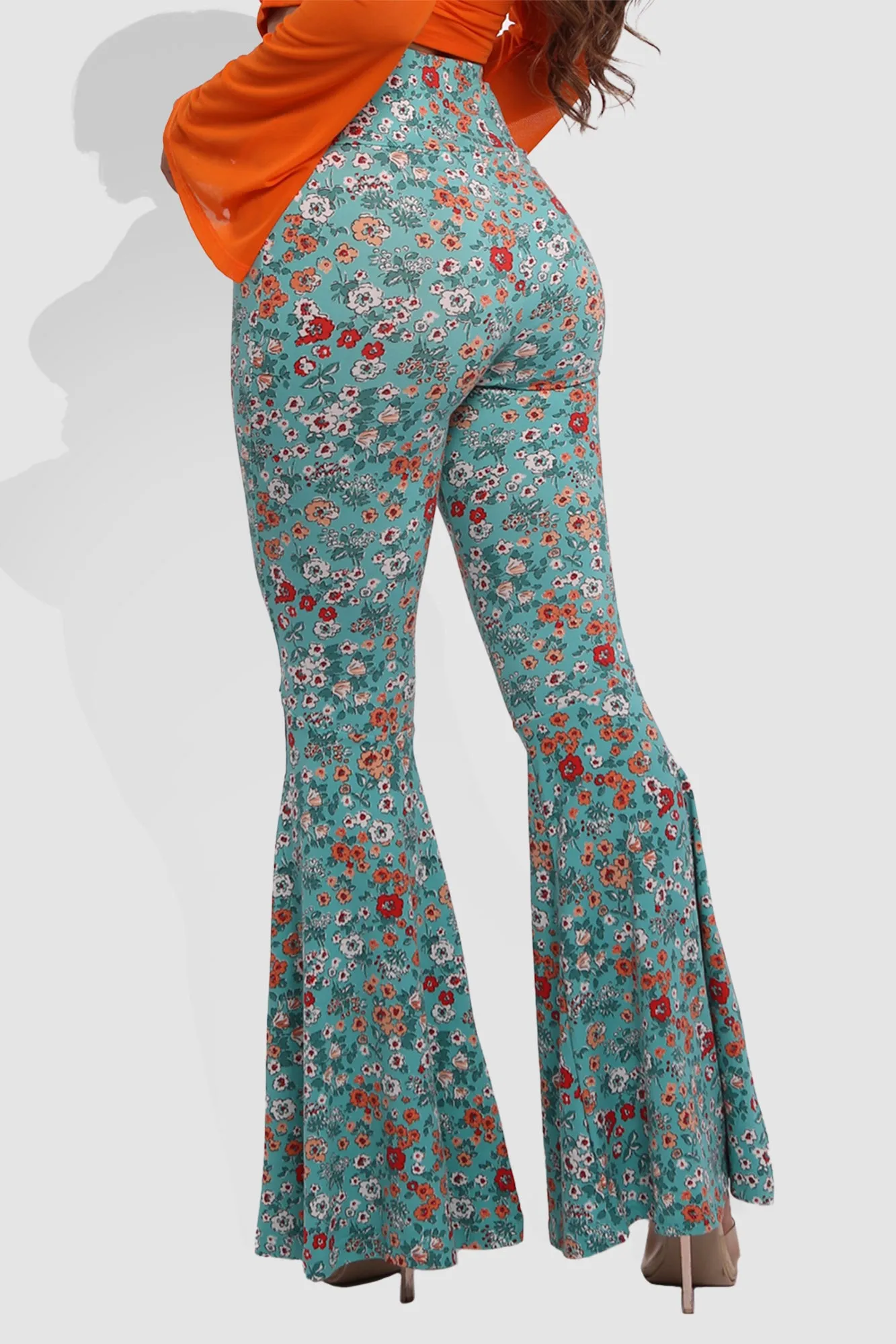 High Waist Soft Brushed Wide Flare Pants - Teal, Orange Floral