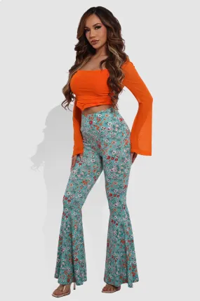 High Waist Soft Brushed Wide Flare Pants - Teal, Orange Floral