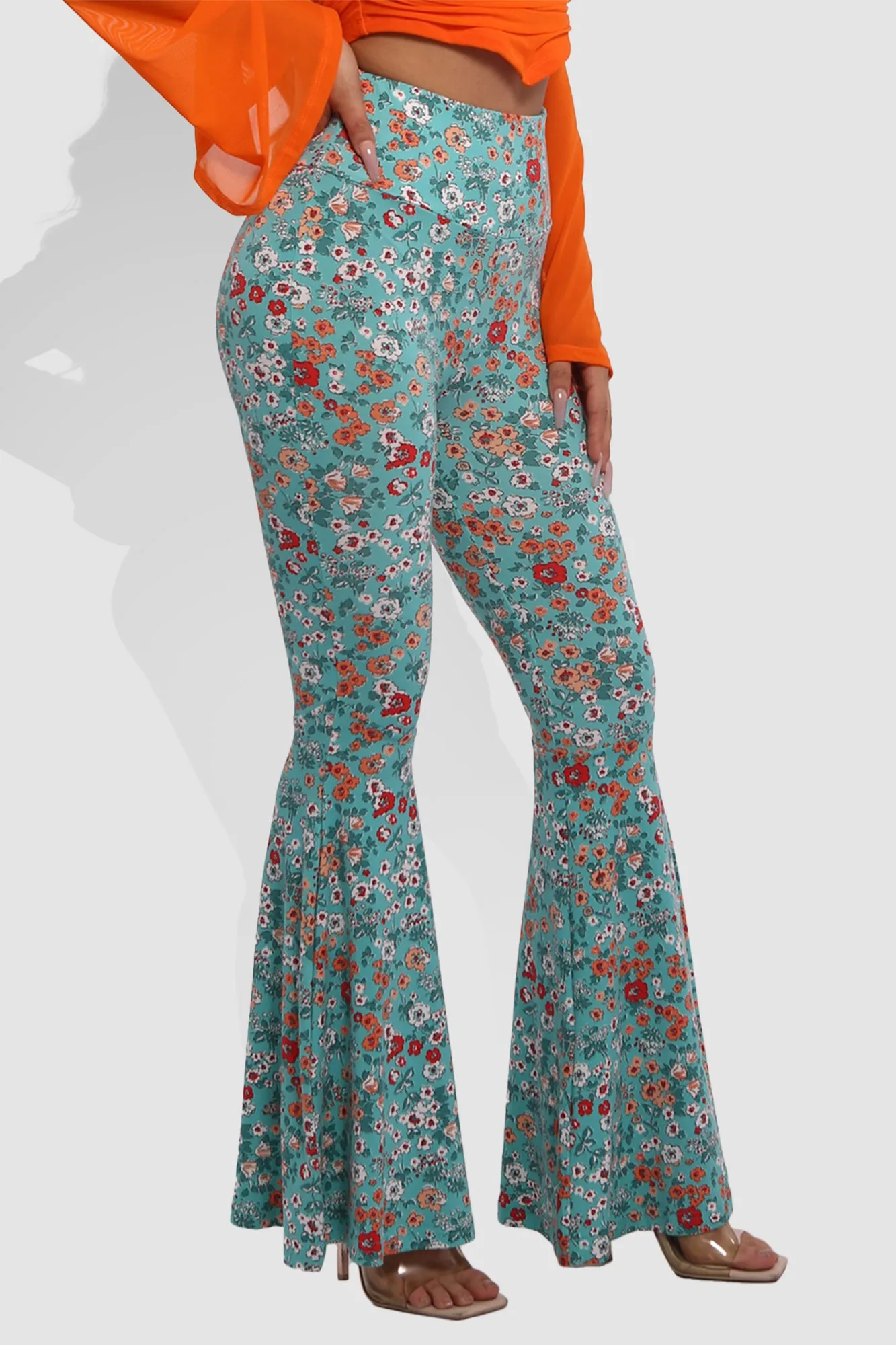 High Waist Soft Brushed Wide Flare Pants - Teal, Orange Floral