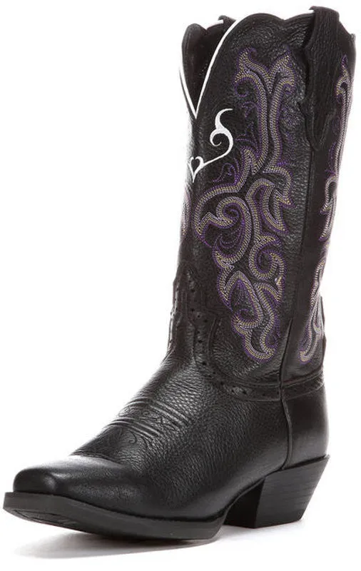 Justin Women's (L2554) Stampede 12" Black Deercow  w/Purple & White Stitching Western Cowgirl Boots