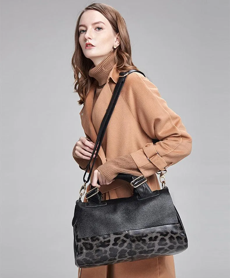 Large Elegant Cowhide Leather Shoulder Bag with Leopard Print Accent, Fashion Leather Handbag