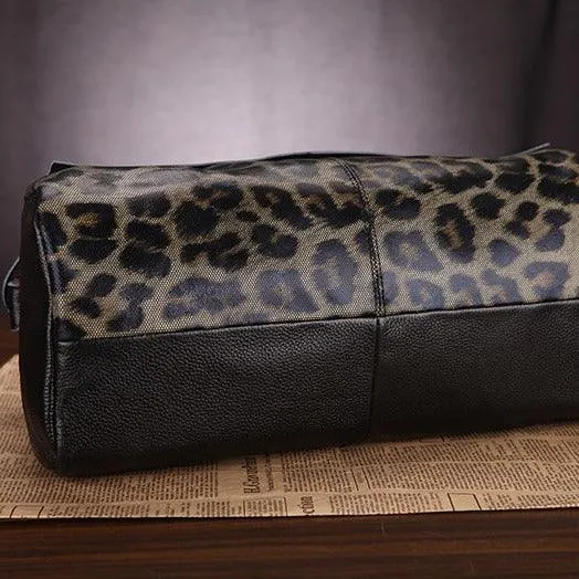 Large Elegant Cowhide Leather Shoulder Bag with Leopard Print Accent, Fashion Leather Handbag