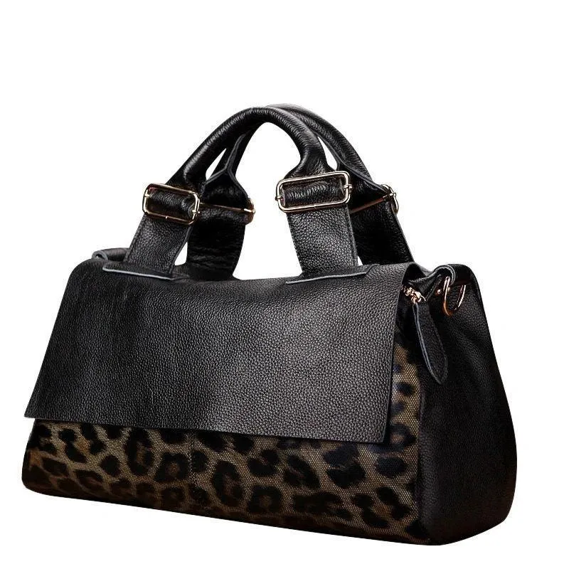 Large Elegant Cowhide Leather Shoulder Bag with Leopard Print Accent, Fashion Leather Handbag