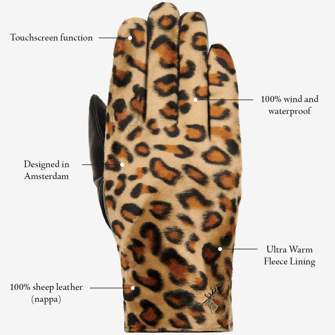 Leopard - sheep leather gloves with warm fleece lining & touchscreen feature