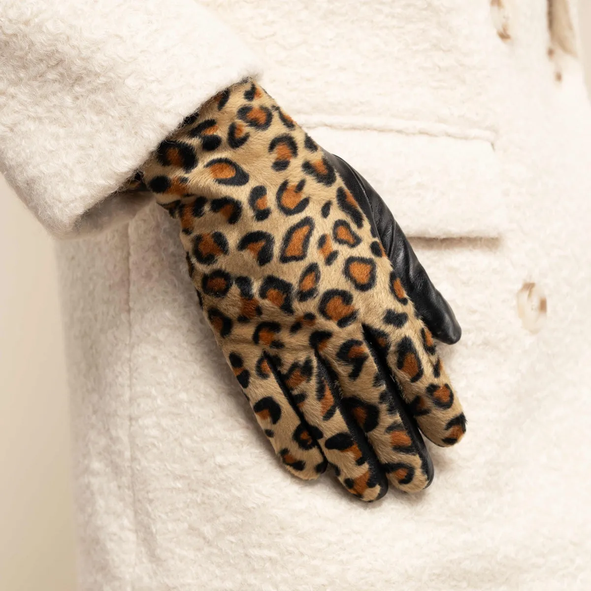 Leopard - sheepskin leather gloves with warm fleece lining & touchscreen feature