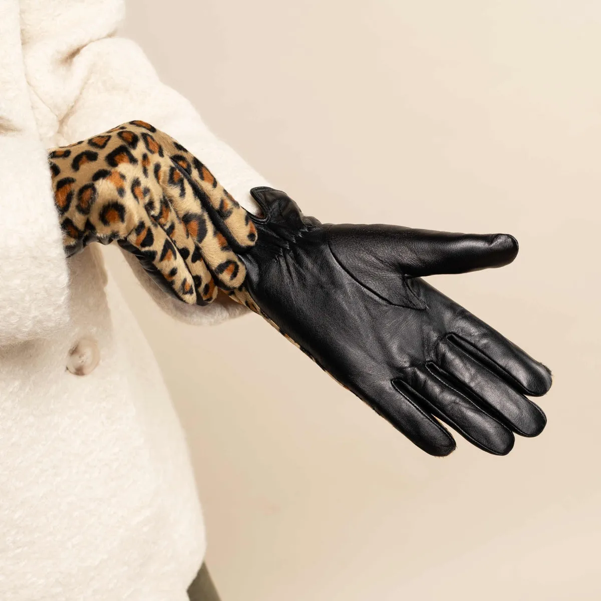 Leopard - sheepskin leather gloves with warm fleece lining & touchscreen feature