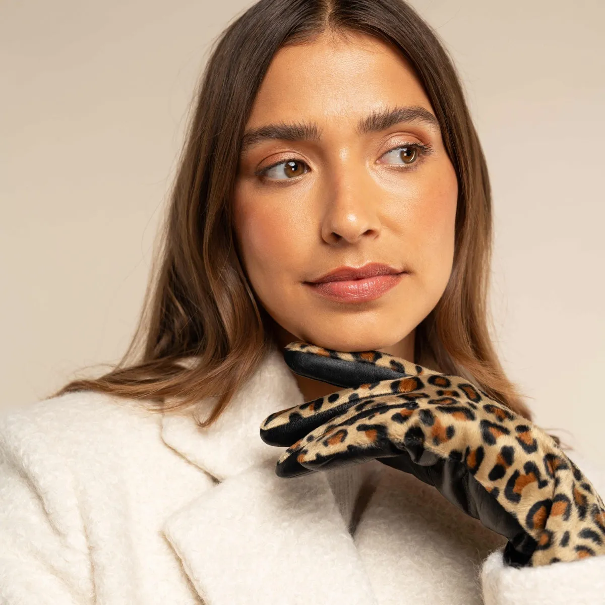 Leopard - sheepskin leather gloves with warm fleece lining & touchscreen feature