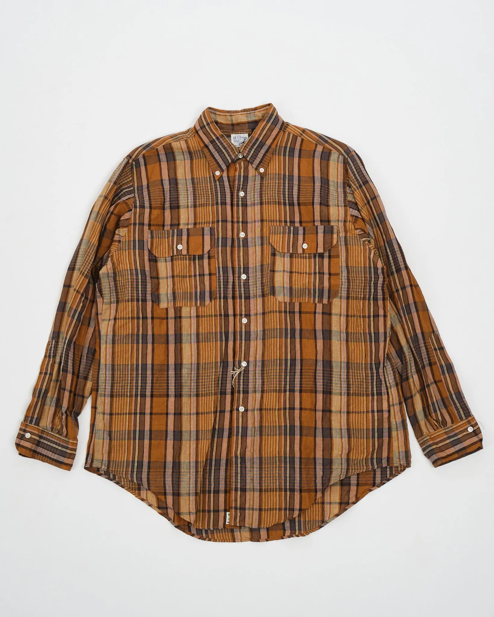 LINEN BUTTON DOWN SAFARI SHIRT ORANGE CHECK