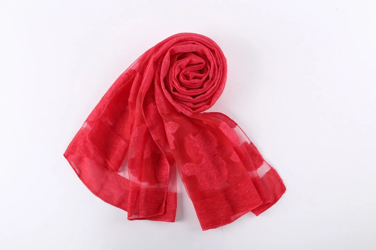 Long Scarf With Embroidered Floral Pattern Red Color JAC006