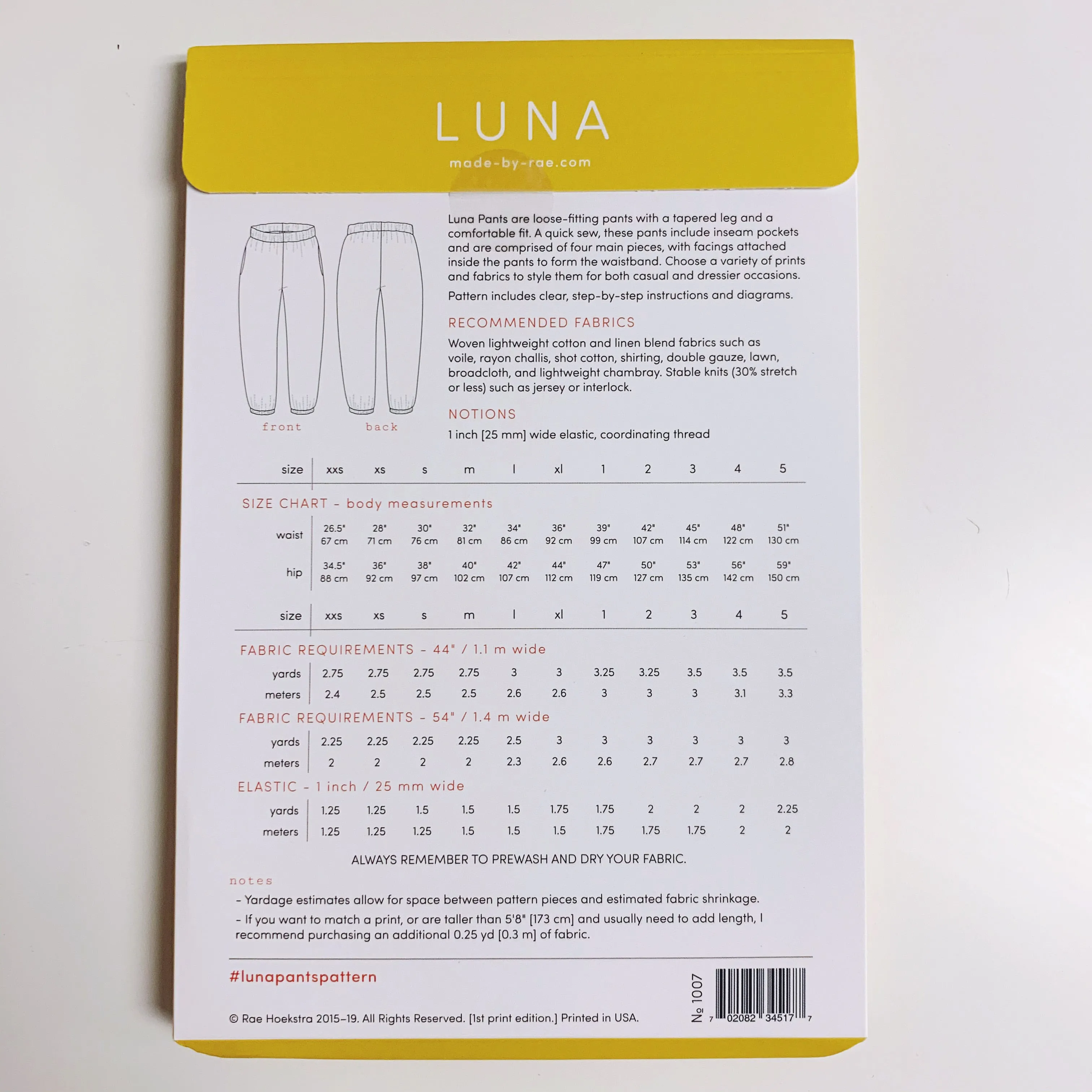 Luna Pants Paper Pattern  XXS, XS, S, M, L, XL& Plus Sizes 1-5