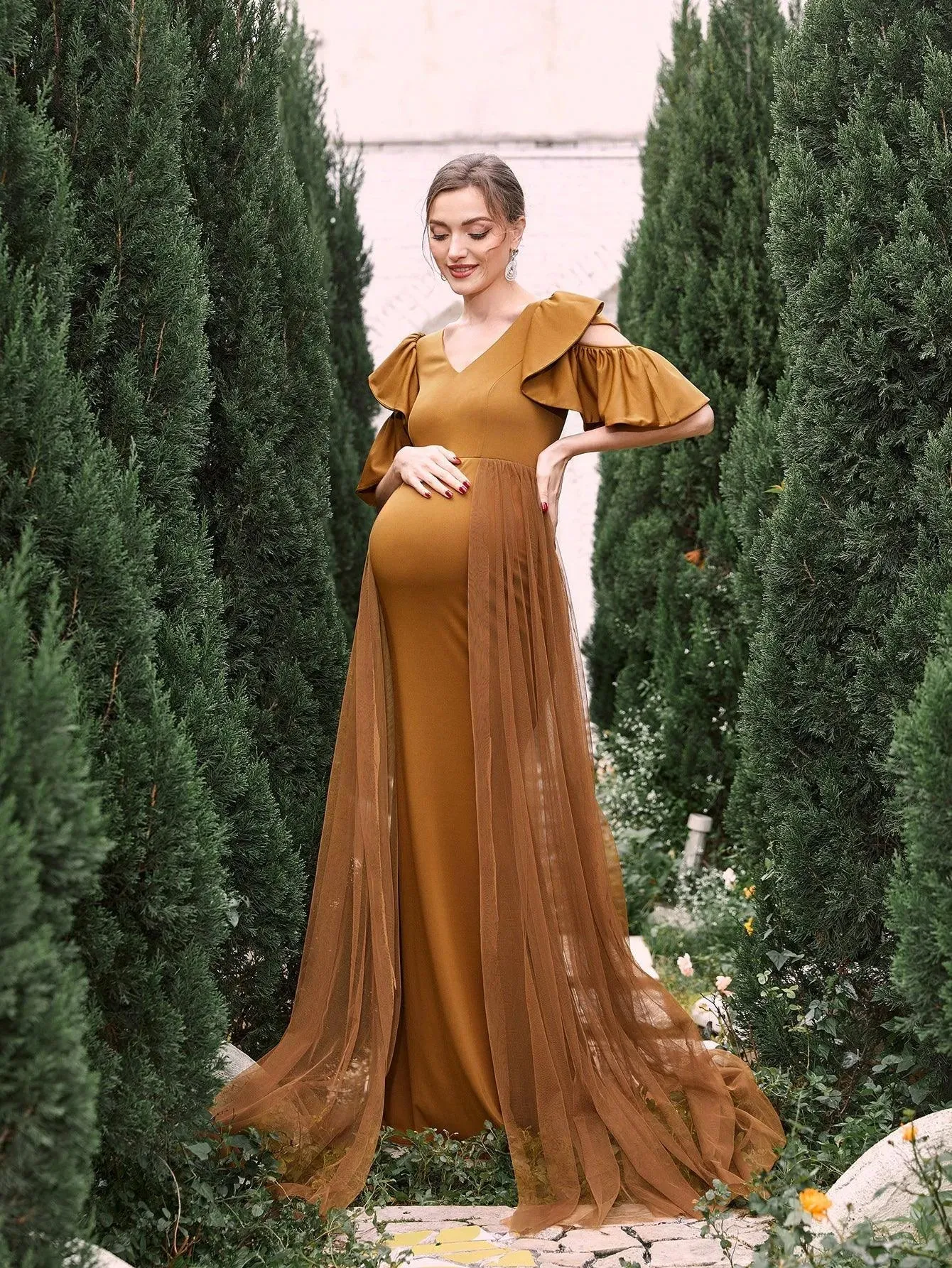 Maternity V Neck Ruffle Sleeves Mesh Overlay Mermaid Dress