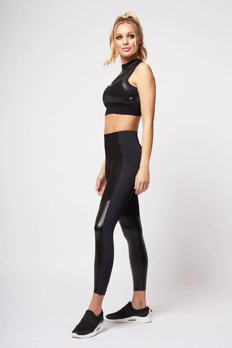 Medium Compression High Shine Waisted Leggings with Side Pockets Black