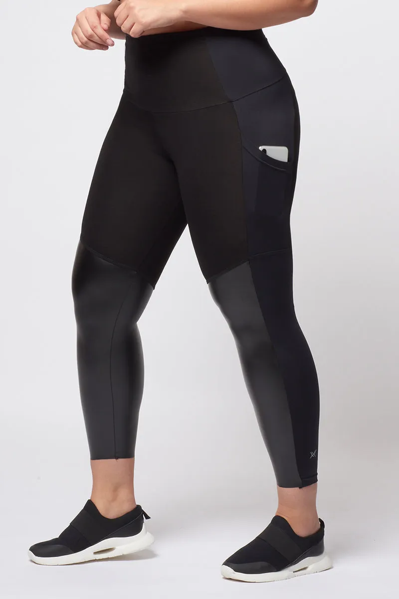 Medium Compression High Shine Waisted Leggings with Side Pockets Black