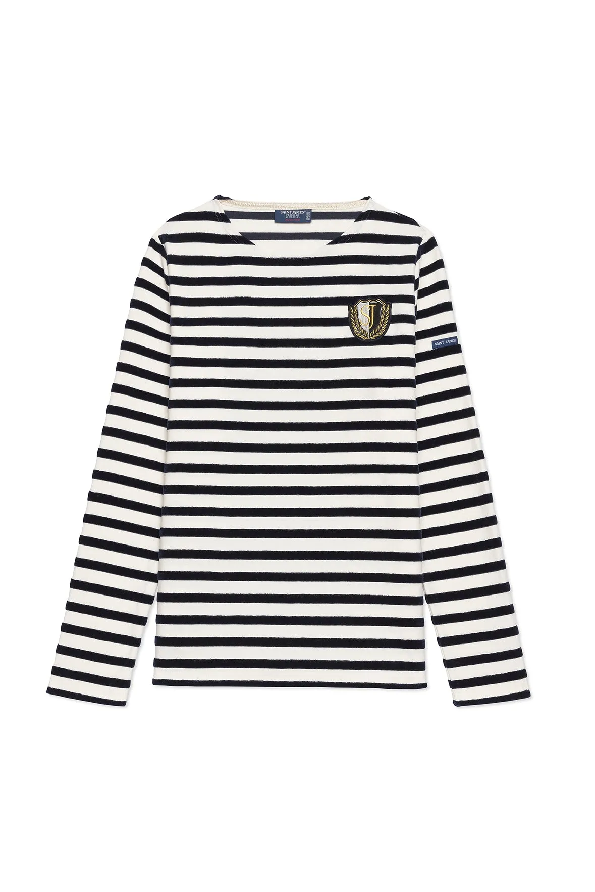 MERIDAME CAMPUS - Fancy Breton Shirt Top with Velvet Stripes and Vintage Crest | Heavyweight Cotton Blend | Women Fit  (IVORY / NAVY)