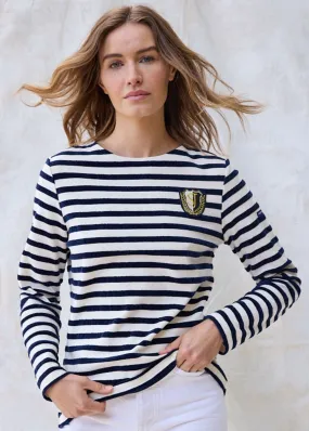 MERIDAME CAMPUS - Fancy Breton Shirt Top with Velvet Stripes and Vintage Crest | Heavyweight Cotton Blend | Women Fit  (IVORY / NAVY)