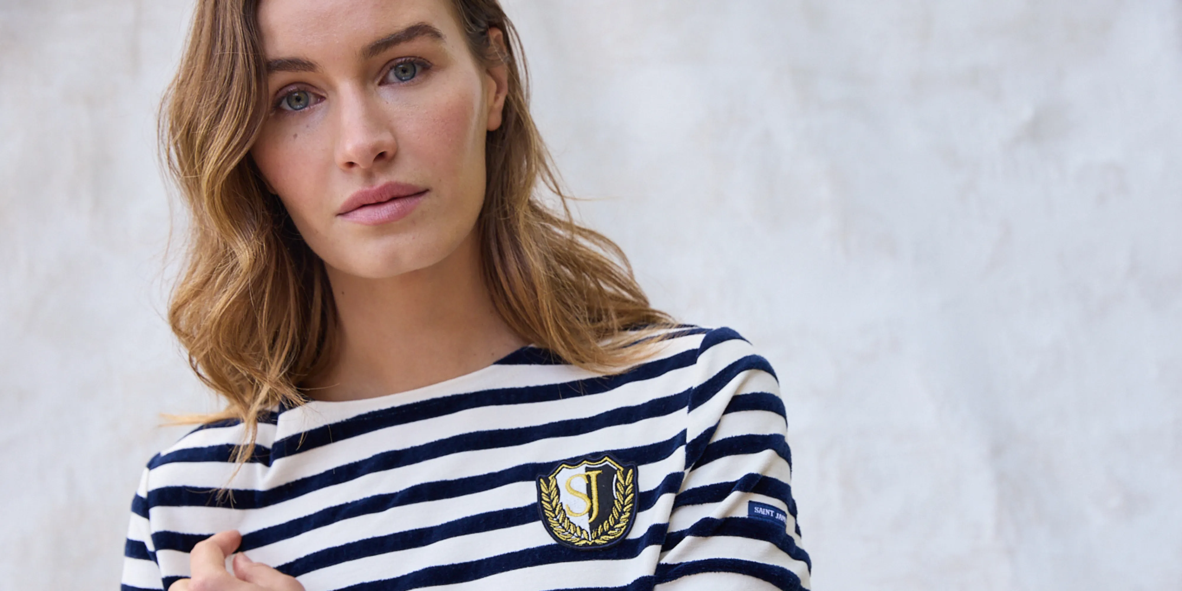 MERIDAME CAMPUS - Fancy Breton Shirt Top with Velvet Stripes and Vintage Crest | Heavyweight Cotton Blend | Women Fit  (IVORY / NAVY)