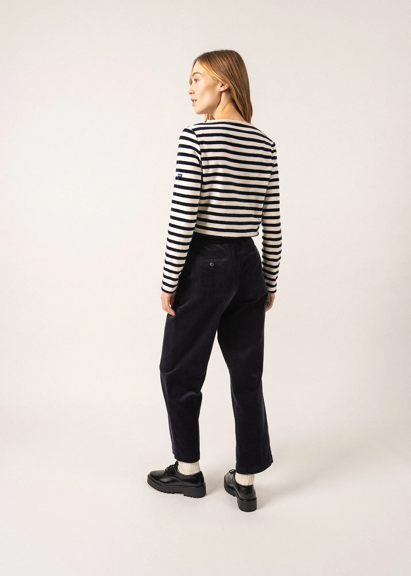 MERIDAME CAMPUS - Fancy Breton Shirt Top with Velvet Stripes and Vintage Crest | Heavyweight Cotton Blend | Women Fit  (IVORY / NAVY)