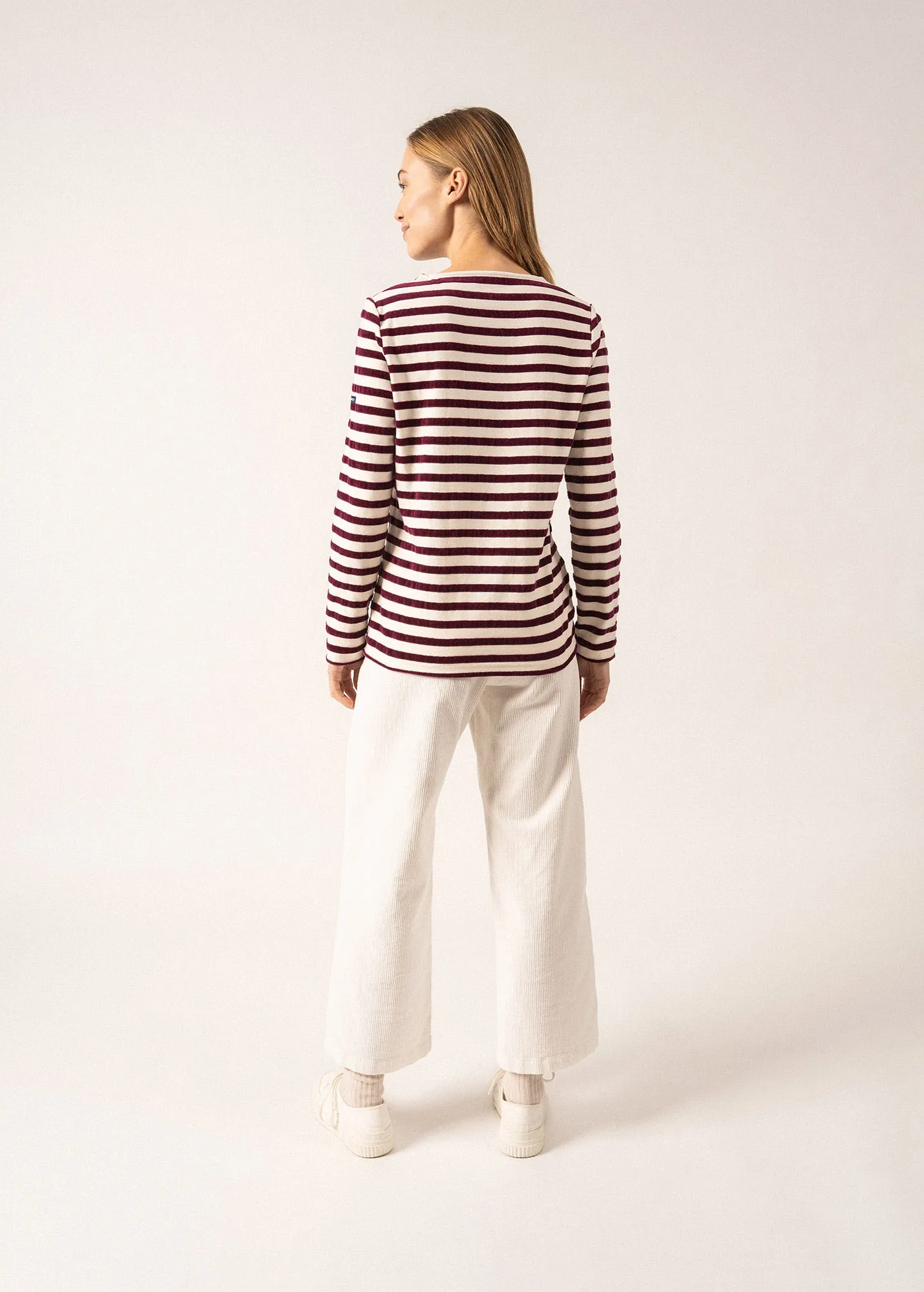 MERIDAME CAMPUS - Fancy Breton Shirt Top with Velvet Stripes and Vintage Crest | Heavyweight Cotton Blend | Women Fit  (IVORY / PLUM)