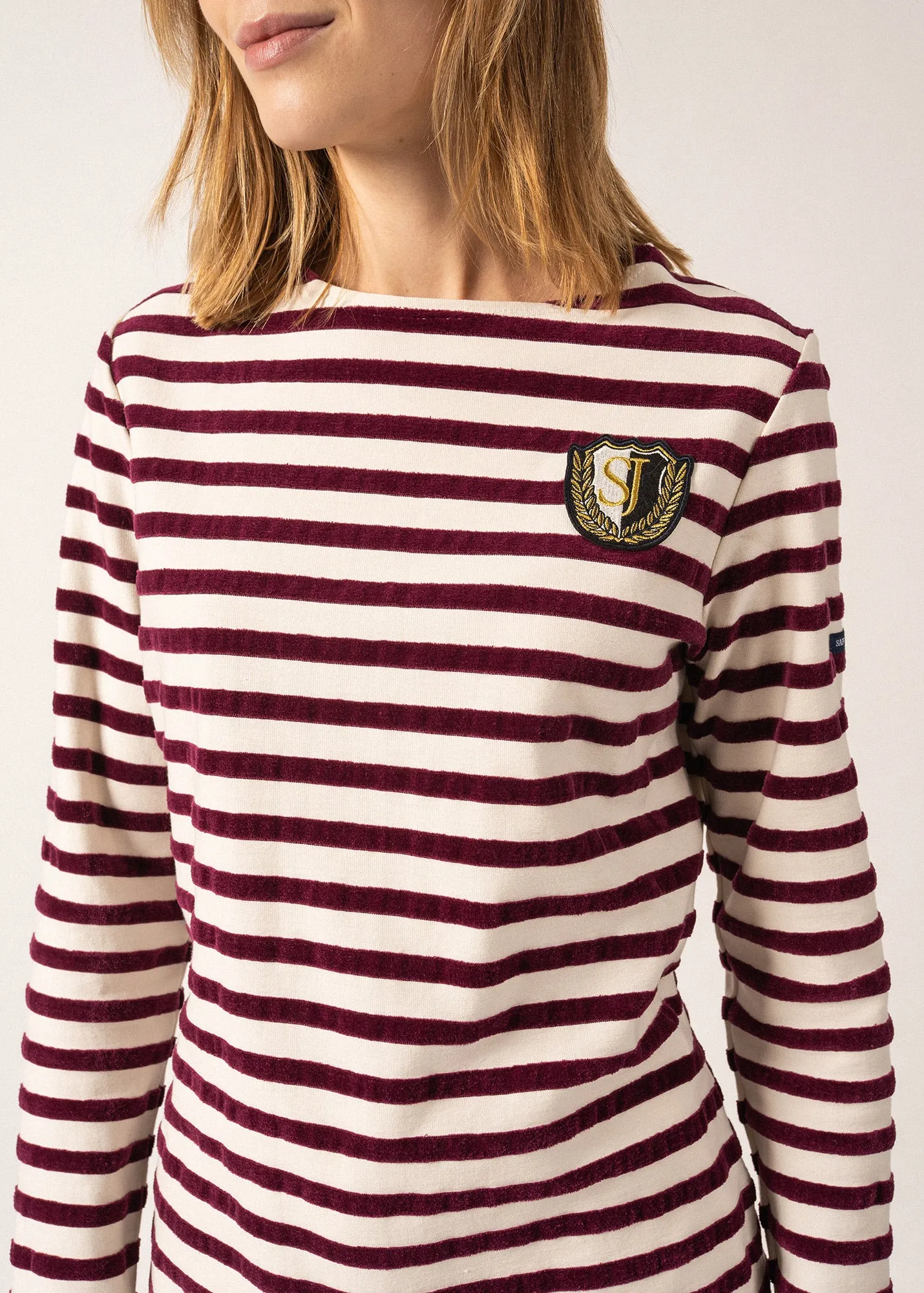 MERIDAME CAMPUS - Fancy Breton Shirt Top with Velvet Stripes and Vintage Crest | Heavyweight Cotton Blend | Women Fit  (IVORY / PLUM)