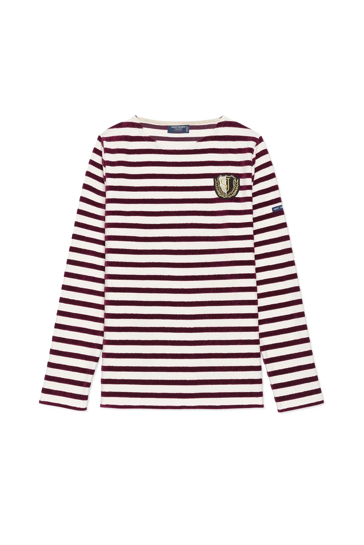 MERIDAME CAMPUS - Fancy Breton Shirt Top with Velvet Stripes and Vintage Crest | Heavyweight Cotton Blend | Women Fit  (IVORY / PLUM)