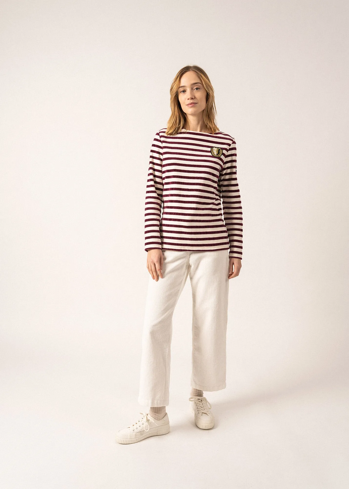 MERIDAME CAMPUS - Fancy Breton Shirt Top with Velvet Stripes and Vintage Crest | Heavyweight Cotton Blend | Women Fit  (IVORY / PLUM)