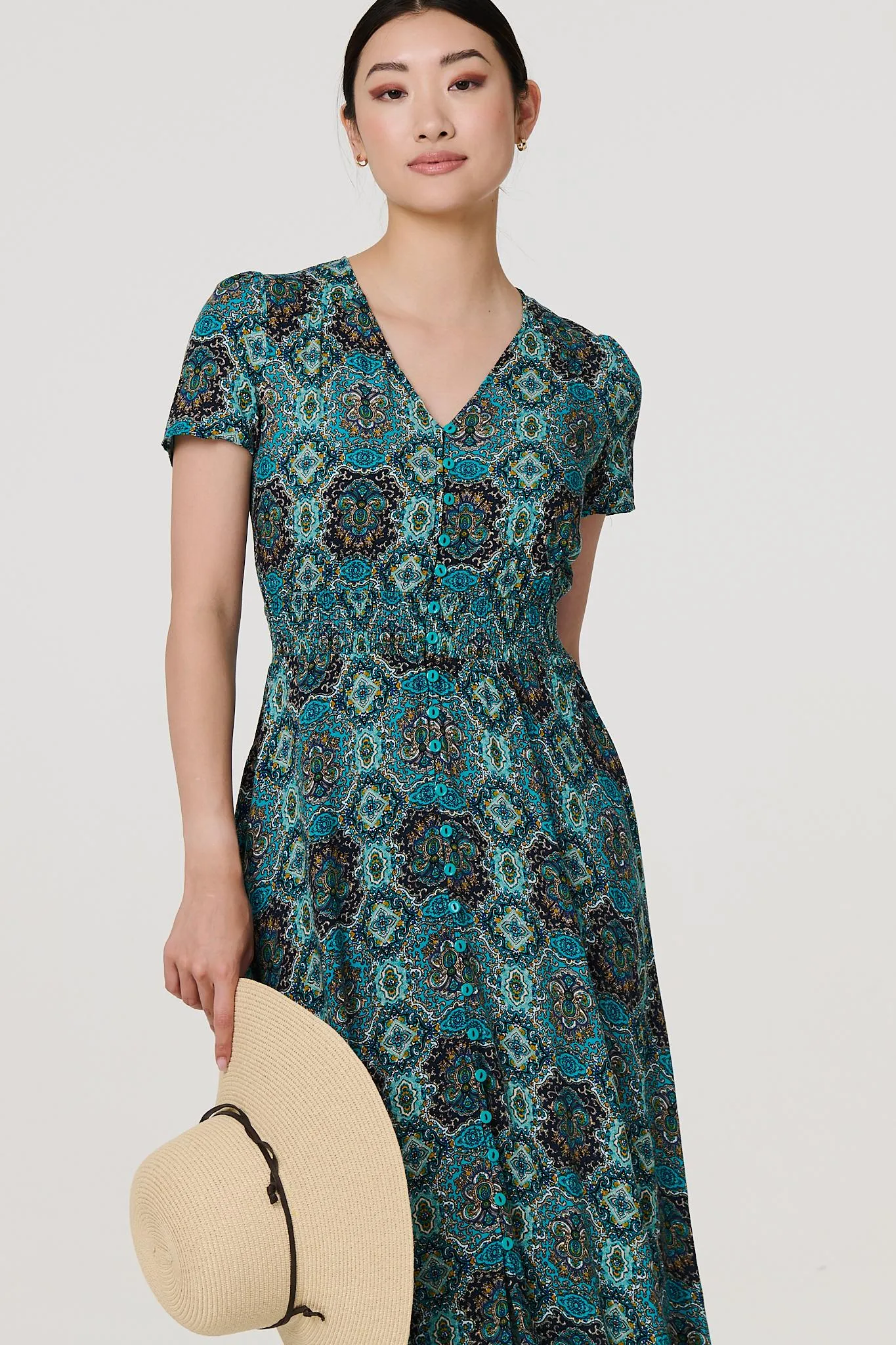 Mosaic Print Short Sleeve Smock Maxi Dress