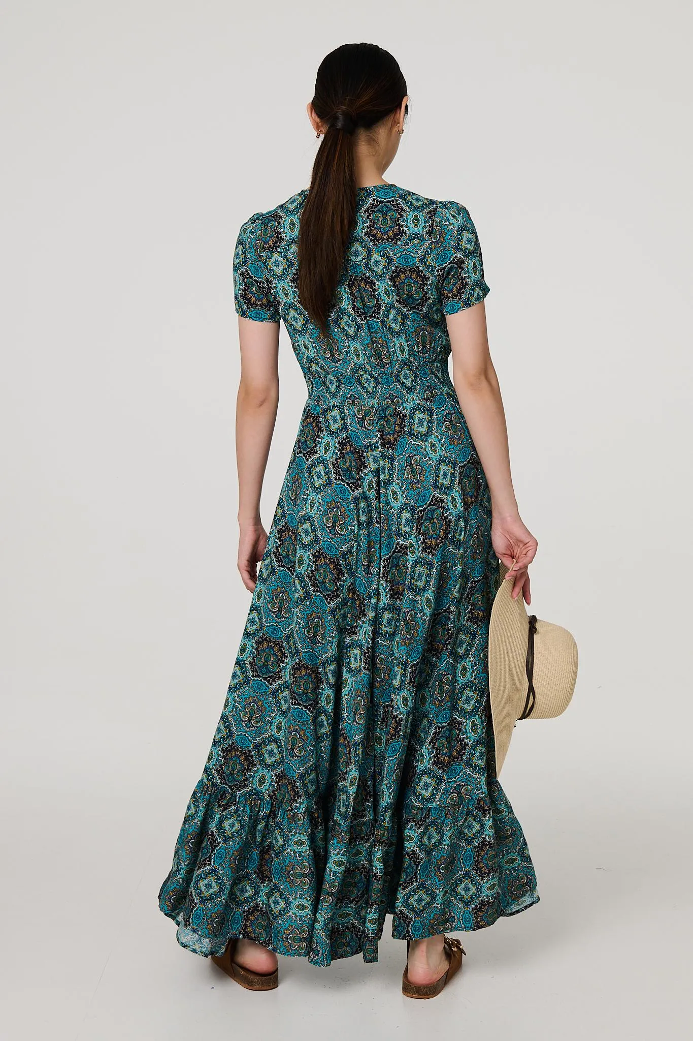 Mosaic Print Short Sleeve Smock Maxi Dress