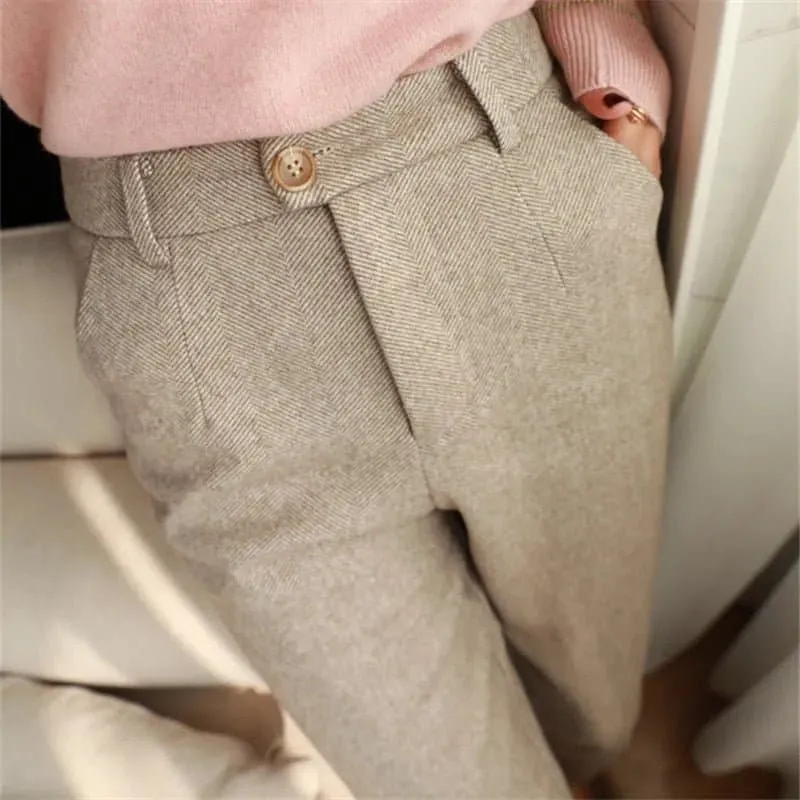 Office Lady Pants - Stylish High Waist Winter Pants with Button Fly Closure & Decorative Buttons