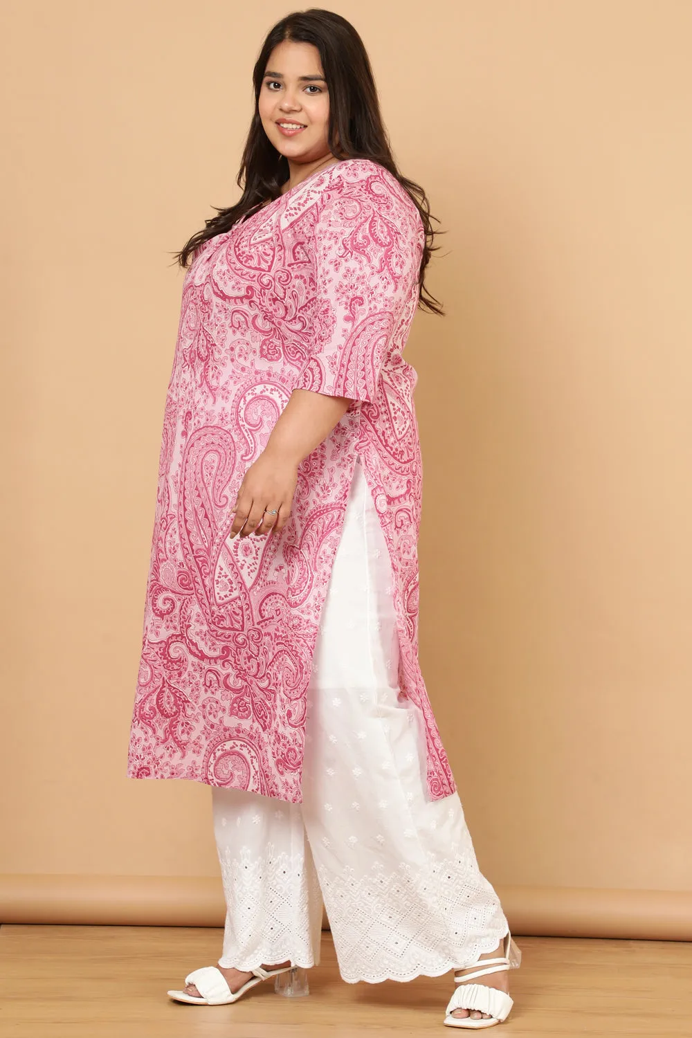 Pink Paisley Print Cotton Kurta