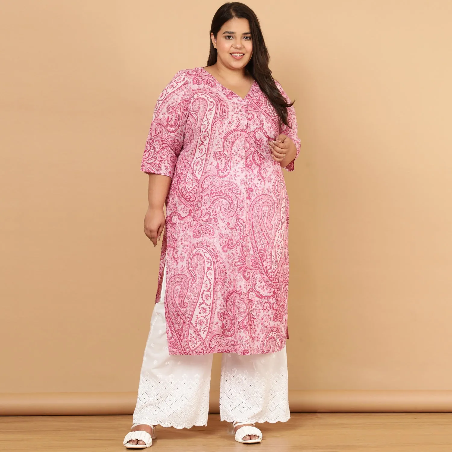 Pink Paisley Print Cotton Kurta