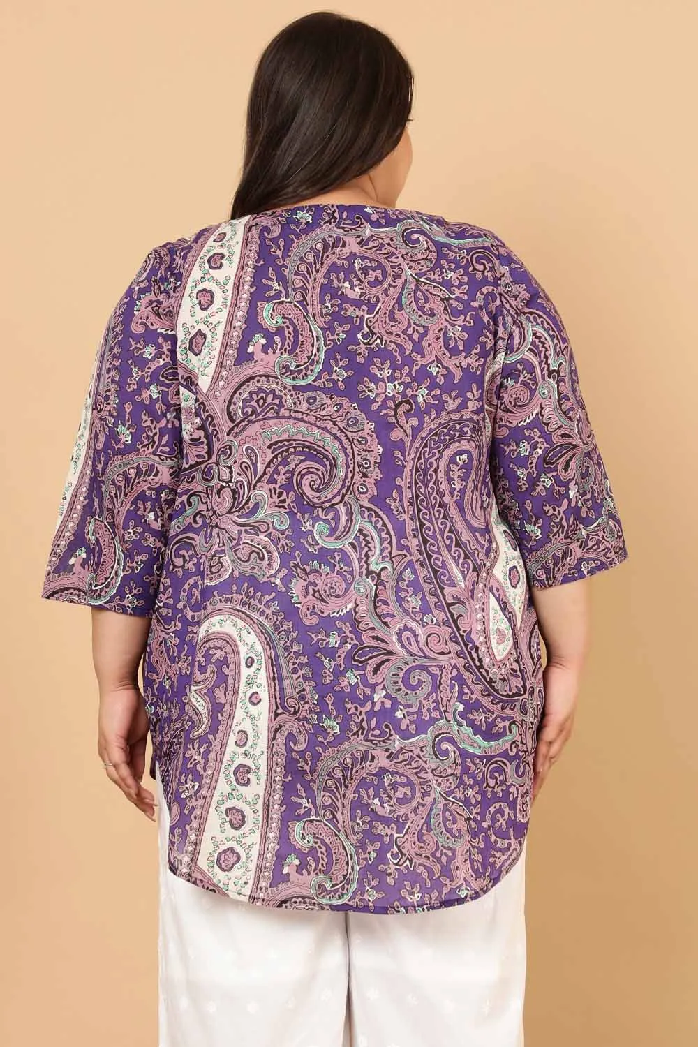 Plus Size Purple Paisley Print Cotton Top