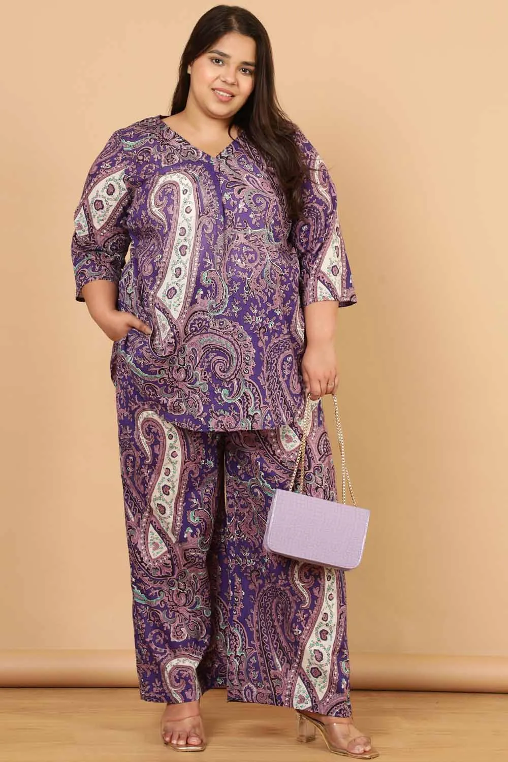 Plus Size Purple Paisley Print Cotton Top