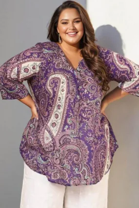 Plus Size Purple Paisley Print Cotton Top