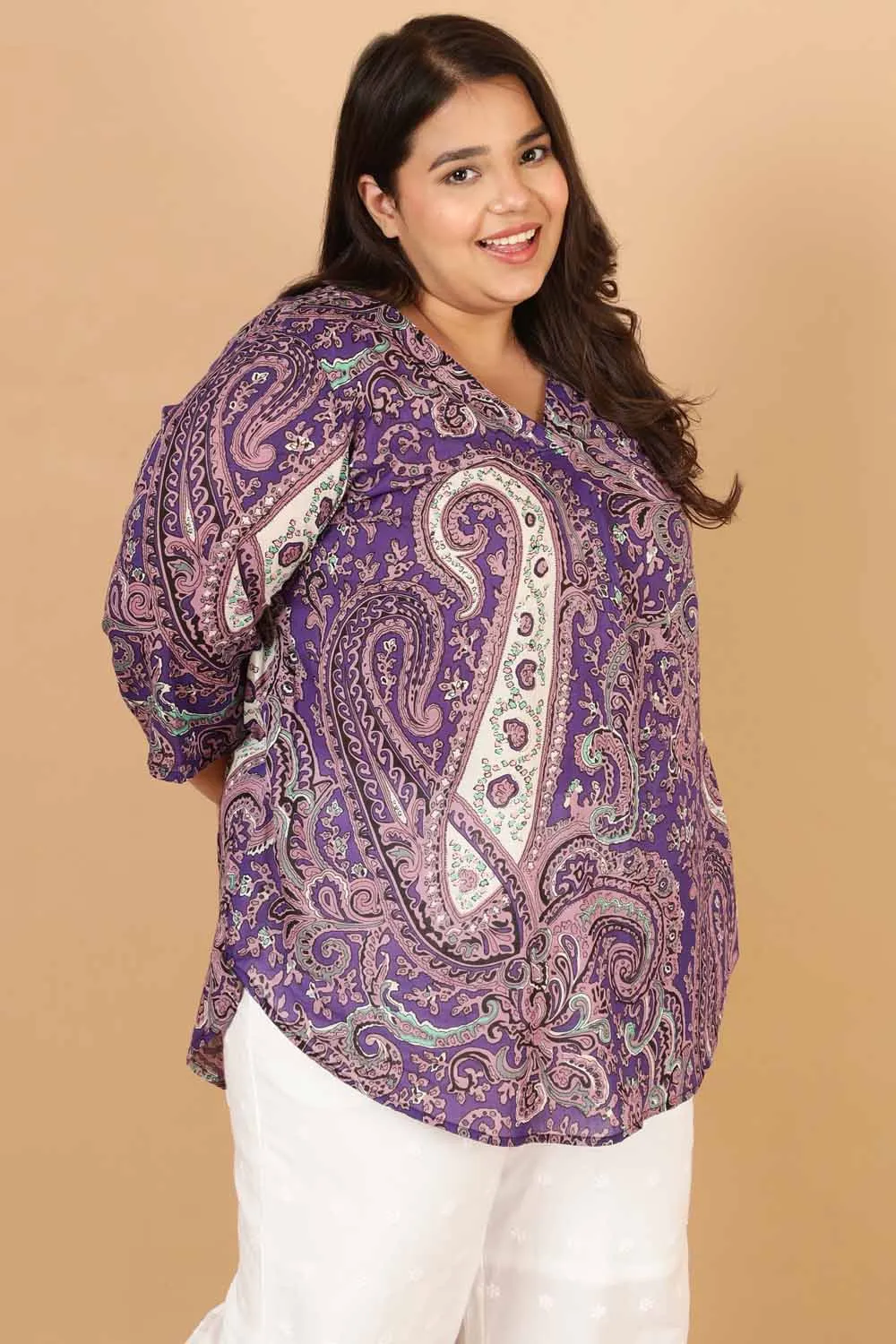 Plus Size Purple Paisley Print Cotton Top