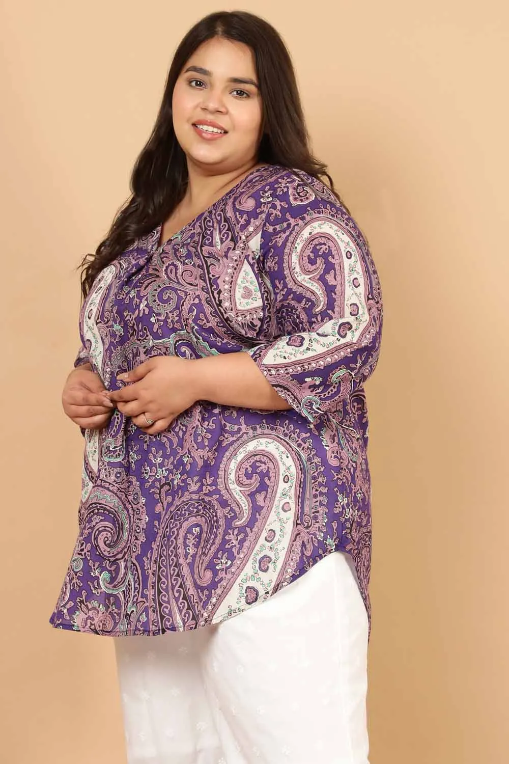 Plus Size Purple Paisley Print Cotton Top